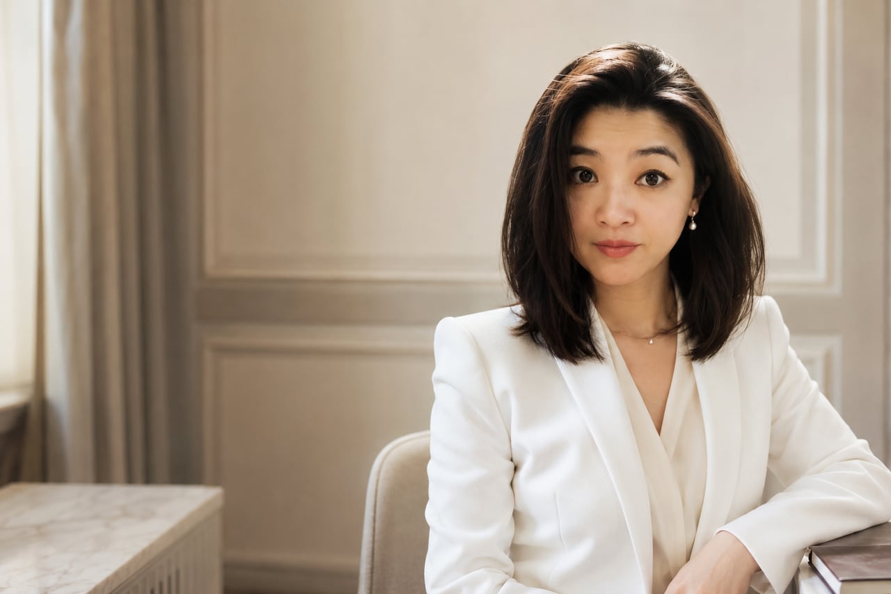 Jie Ma, certified Mandarin legal interpreter, in a tailored ivory suit in a calm, light-filled professional office.