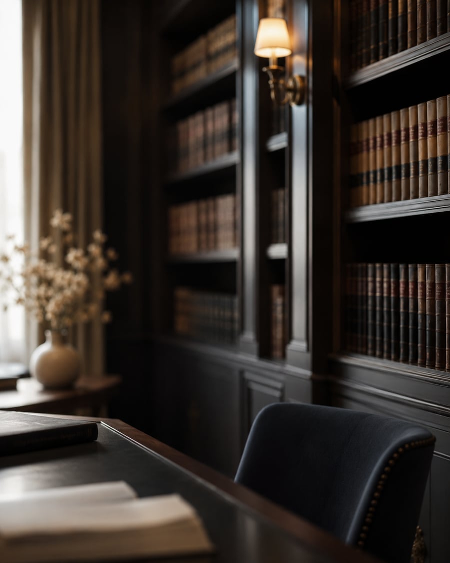 A quiet, sunlit law library with floor-to-ceiling shelves of bound volumes, a dark wood reading table, and a brass lamp.