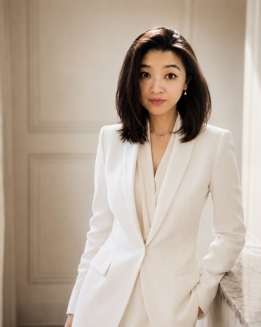 Portrait of Jie Ma in a tailored ivory suit, standing beside a marble ledge against a pale paneled wall — a calm, composed legal-professional presence.