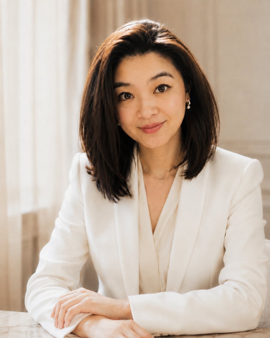Jie Ma in an ivory suit, seated at a marble table with hands gently clasped, looking toward the camera with a composed, approachable expression.