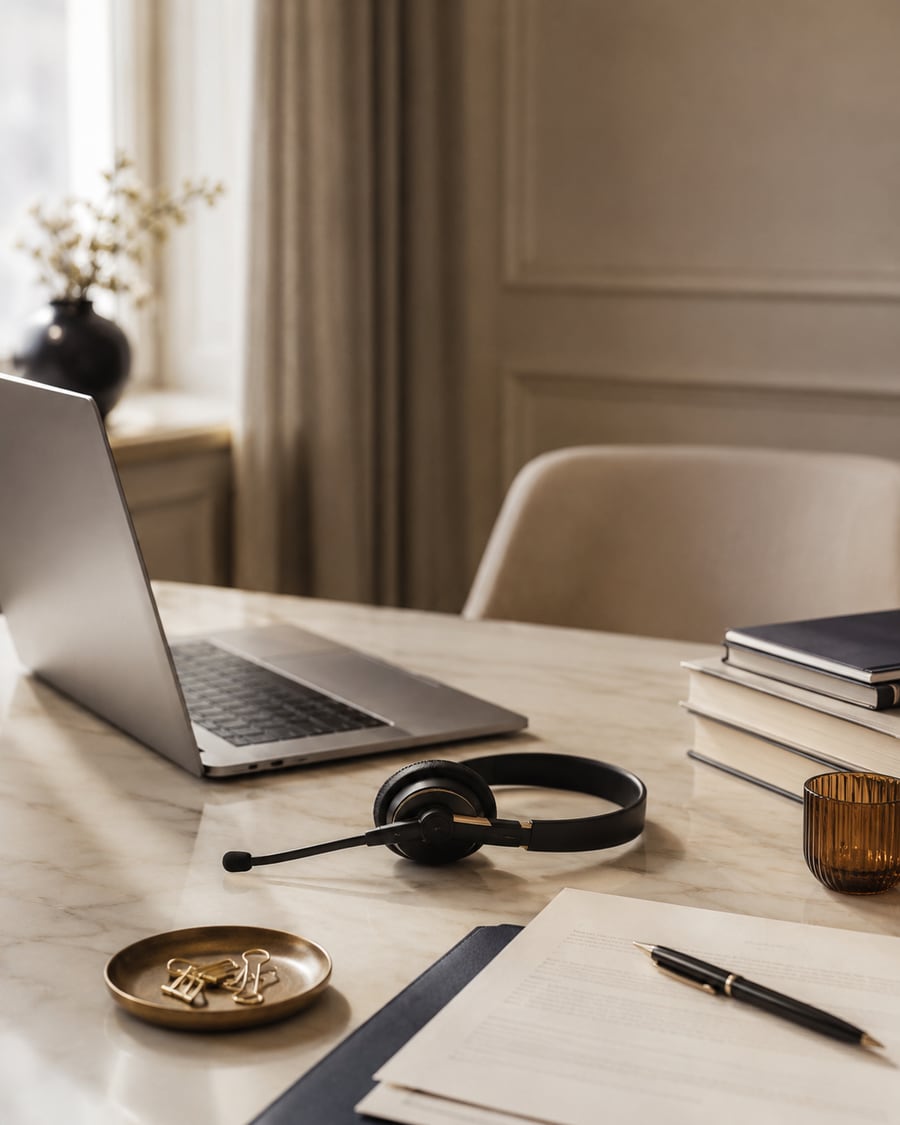 A calm, professional remote-interpreting workspace: an open laptop, a headset, and a marked-up document with a fountain pen on a dark desk.